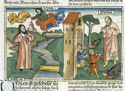 2 Kings 2:1-24 Elijah ascends to Heaven in a whirlwind and the boys who mocked Elisha are eaten by bears, from the Nuremberg Bible by German School