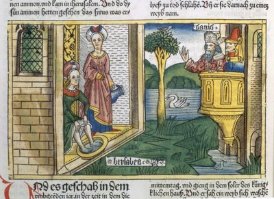 2 Samuel 11:1-5 David sees Bathsheba bathing, from the Nuremberg Bible by German School