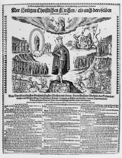 A German Broadsheet Depicting Gustavus Adolphus as the Champion of the Protestant Cause by German School