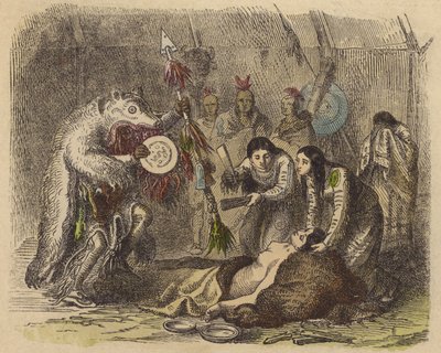 A Native American Medicine Man Reciting an Incantation to Cure Sickness (Coloured Engraving) by German School