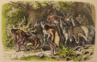 A Native American War Party Tracking Their Enemies (Coloured Engraving) by German School