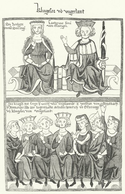 A depiction of the Sangerkrieg, a contest between minstrels at the Wartburg castle in Thuringia in 1207, from the Codex Manesse by German School