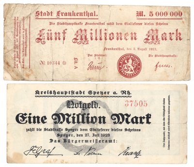 A Five Million and One Million Mark Banknotes, 1923 by German School