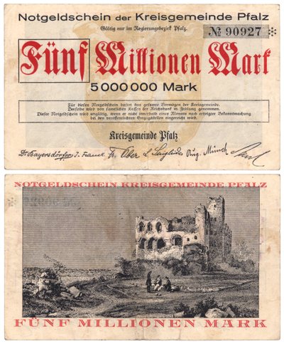A Five Million Mark Banknote, c.1923 (recto and verso) by German School