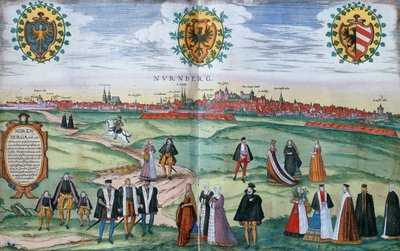 A panoramic view of Nuremberg, with figures in local dress in the foreground by German School