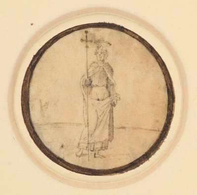 A roundel depicting Christ with a long cloak fixed at the neck holding a processional cross by German School