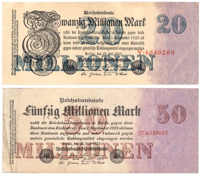 A Twenty and Fifty Million Mark Banknotes, 1923 by German School
