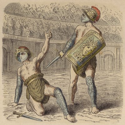 A wounded Roman gladiator pleading to the crowd for his life by German School