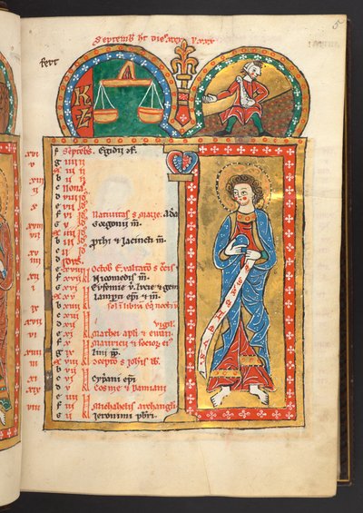 September. 12 Calendar pages in gold and colours, with architectural frames each containing a sign of the Zodiac, an apostle and a labour of the month. Psalter. Illuminated Psalter with a Calendar, Canticles and Litanies for the use of nu by German School