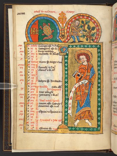 Add. 60629, f.5v October. 12 Calendar pages in gold and colours, with architectural frames each containing a sign of the Zodiac, an apostle and a labour of the month. Psalter. Illuminated Psalter with a Calendar, Canticles and Litanies for the use of nuns by German School