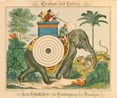 An Elephant and Panther with Targets, from Neuruppiner Bilderbogen, 1850 by German School