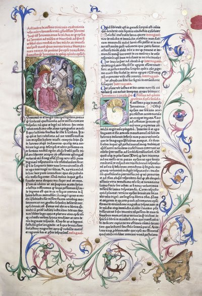 An illuminated page depicting St. Jerome in his study, and a border incorporating a griffin attacked by three men, 1470 by German School