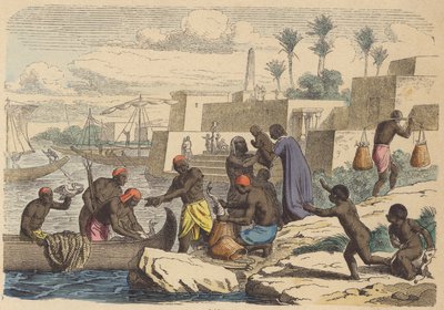 Ancient Egyptian Fishermen (Coloured Engraving) by German School