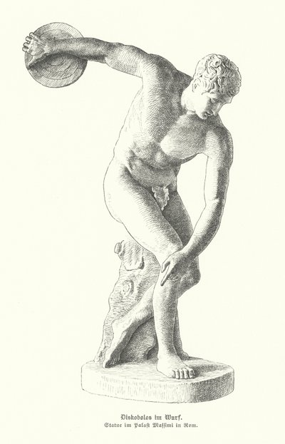 Ancient Greek statue of a discus thrower making a throw by German School