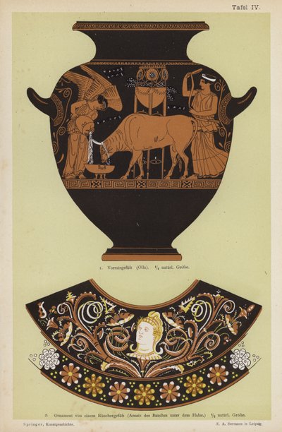Ancient Greek storage jar and ornament from a censer by German School