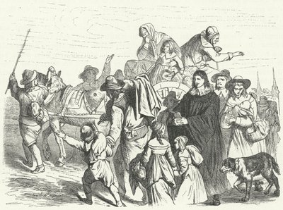 Arrival of French Huguenot immigrants in Brandenburg after the Great Elector Frederick William issued the Edict of Potsdam in 1685 (engraving) by German School