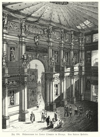 Auditorium and stage of the Teatro Olimpico, Piacenza, Italy, designed by Andrea Palladio by German School