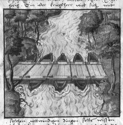 Bridge of boats, illustration from LArt de lartillerie by Wolff de Senftenberg, 2nd half 16th century by German School