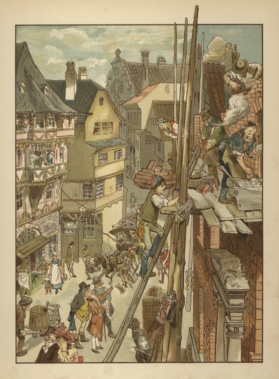 Builders at work on a house by German School