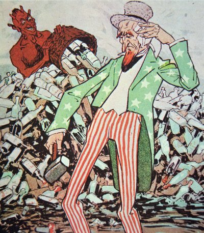 Cartoon showing Uncle Sam exhausted by the flow of bootleg produced by the devil, during the Prohibition era (1920-33) by German School