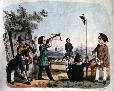 Children shooting a target with an arquebuse, c.1860 by German School