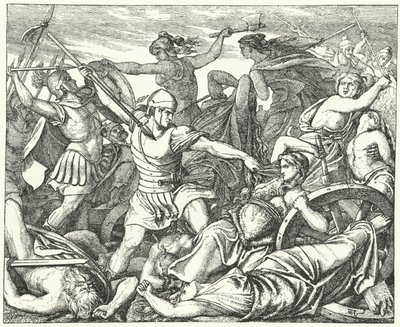 Cimbrian Women Defending Their Baggage Train Against Attacking Roman Soldiers, Late 2nd Century AD (engraving) by German School