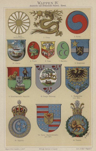 Coats of arms of Hawaii and countries of Asia and Africa by German School