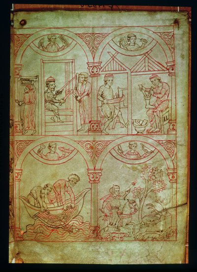 Weaver, Shoemaker, Fishermen and Hunter, from Renner Musterbuch, c.1208-18 by German School
