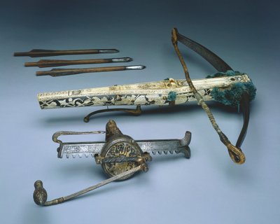 Crossbow of Elector Augustus I of Saxony with winding mechanism and three bolts by German School