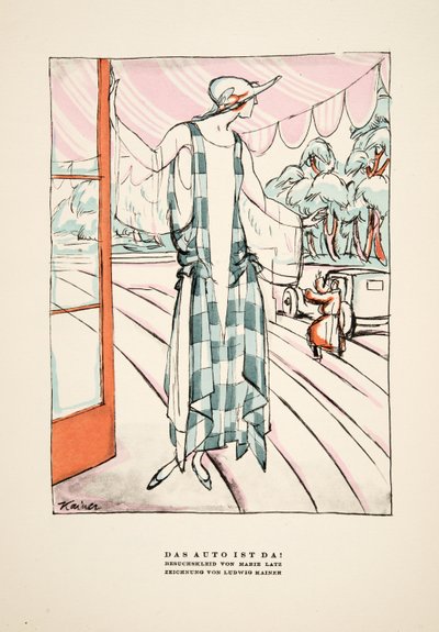 The Car is Here!, advertisement for Dress by Marie Latz, from Styl, published 1922 by German School