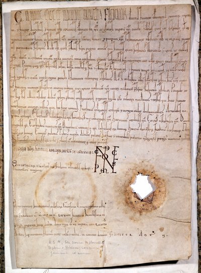 Diploma for the hospital of Mantua dated 10 July 1158. The document is signed by the German Emperor Frederick I Barberossa (1122 - 1190). National Archive of Milan. by German School