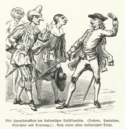Dottore, Pantalone, Arlecchino and Scaramuccia, four characters from the Commedia dell