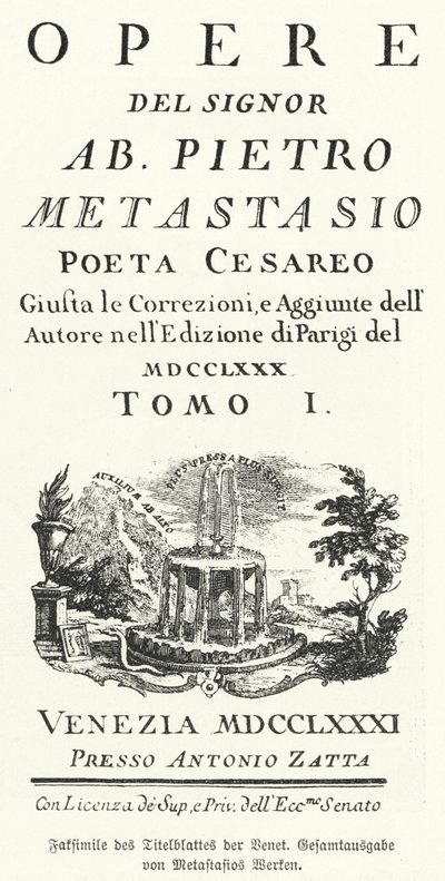 Facsimile of the title page of a Venetian edition of the collected works of Italian poet and librettist Pietro Metastasio by German School