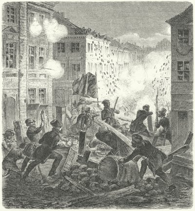 Fighting at a barricade in front of the Colln Town Hall, Berlin, Revolution of 1848 by German School