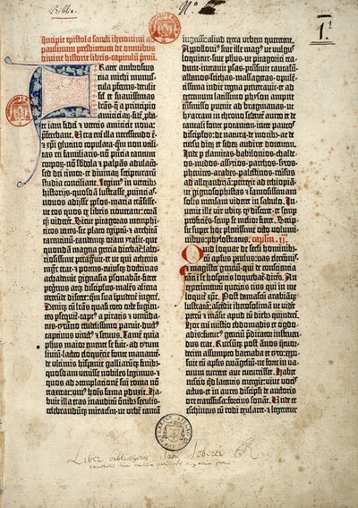 First page of the Bible in Latin (vulgate) of Gutenberg prepared in Mainz 1452-1454. The beginning of the epistle of Saint Jerome to the priest Paulin dealing with all the books of Holy Scripture. by German School