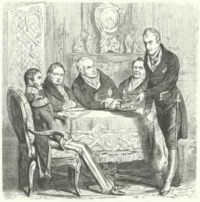 Frederick William III of Prussia in discussions with his Prime Minister, Karl August von Hardenberg and Klemens von Metternich, the Austrian Foreign Minister by German School