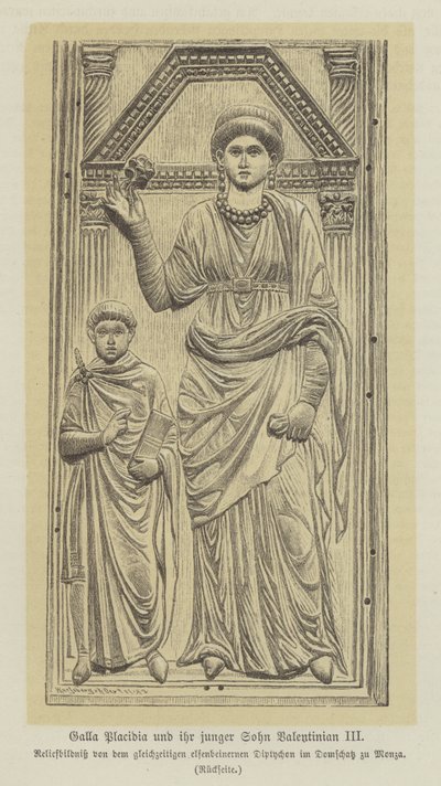 Galla Placidia, daughter of the Roman Emperor Theodisius I, and her son, Valentinian III by German School