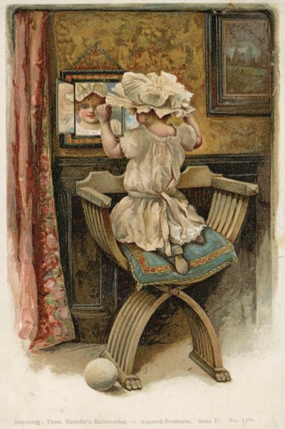 Girl in bonnet looking at herself in the mirror by German School