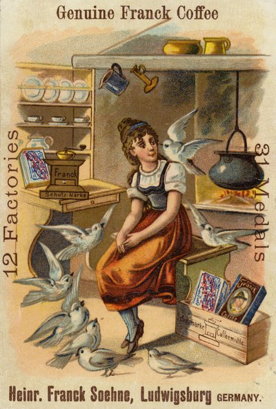 Girl with doves, advertising Genuine Franck Coffee by German School