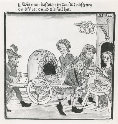 Hawker of Pancakes and Pretzels, during the Council of Constance in 1417, after an incunabulum, c.1485 by German School