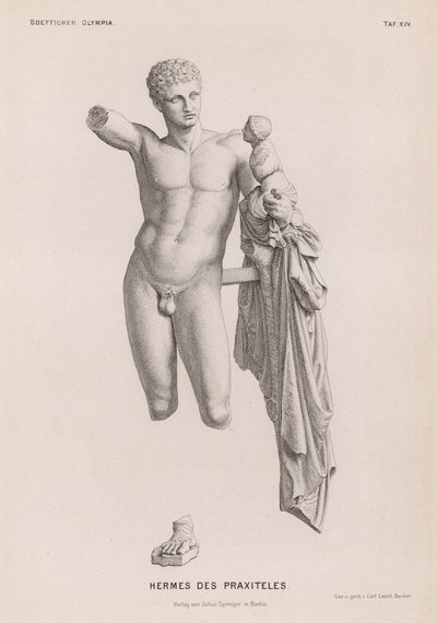 Hermes and the Infant Dionysus, sculpture attributed to Praxiteles excavated at Olympia, Greece by German School