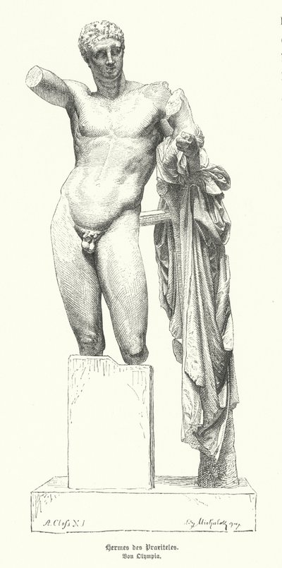 Hermes and the Infant Dionysus, statue by the Ancient Greek sculptor Praxiteles discovered in the ruins of the Temple of Hera, Olympia by German School