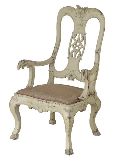 Ivory painted armchair of generous size, carved in the manner of Johann Michael Hoppenhaupt by German School