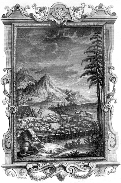Jacob, the Faithful Shepherd, protecting his flock of sheep from the attack by wolves, 1731 by German School
