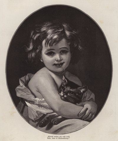 Little Girl Looking Forward to Christmas with Her Pet Cat by German School