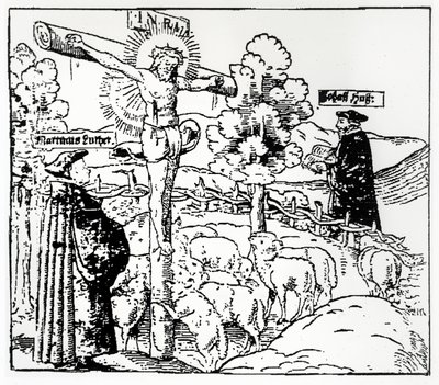 Luther and Hus with Christ in the Sheepfold by German School
