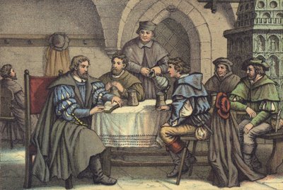 Martin Luther in conversation with students in the Gasthof der Baren, Jena by German School