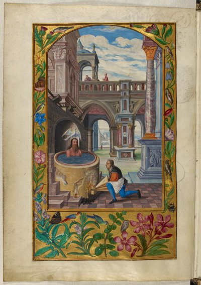 Ms Harley 3469, f.21v Man Bathing in a Courtyard, the Seventh Parable, from 