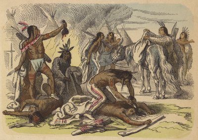 Native American Braves Taking the Scalps of Their Enemies (Coloured Engraving) by German School