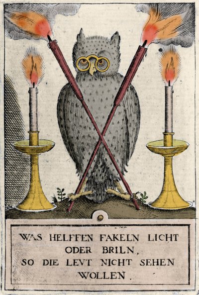 Owl with glasses, symbol of wisdom. Engraving of the 